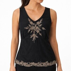 Vintage Y2K Casual Corner Black Beaded Floral Sequin Sleeveless Top NWT Size M